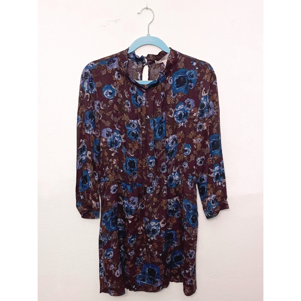 Forever 21 3/4 Long-Sleeved Dress Brown/Blue Floral Size M